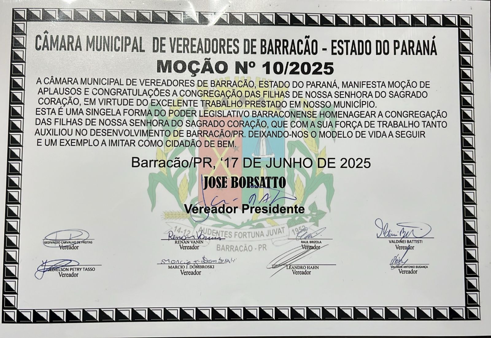 Congregação das Filhas de Nossa Senhora do Sagrado Coração recebe Moção de Aplausos da Câmara